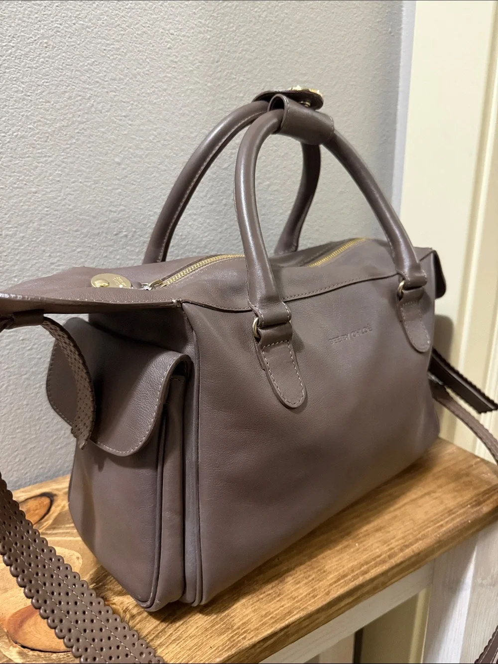 See By Chloe Taupe Leather Satchel with Perforated Strap